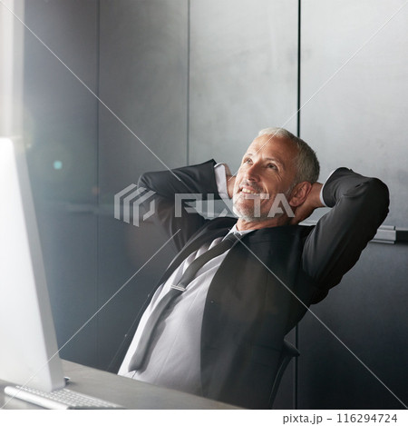 Business, man and relax or thinking office with desk, happy and complete or attorney done with legal advice. Smile, computer and connection for networking vision, stretching and target achievement Business, man and relax or thinking office with desk, happy and complete or attorney done with legal advice. Smile, computer and connection for networking vision, stretching and target achievement 116294724