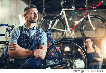 Bicycle, garage and repair shop for man, thinking and small business of mechanic, apron and equipment. Proud, owner and people with service, maintenance and tools for bike, technician and working Bicycle, garage and repair shop for man, thinking and small business of mechanic, apron and equipment. Proud, owner and people with service, maintenance and tools for bike, technician and working 116294771
