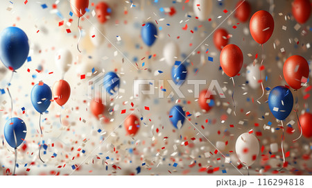 A Festive Celebration With Red, White, and Blue Balloons and Confetti 116294818
