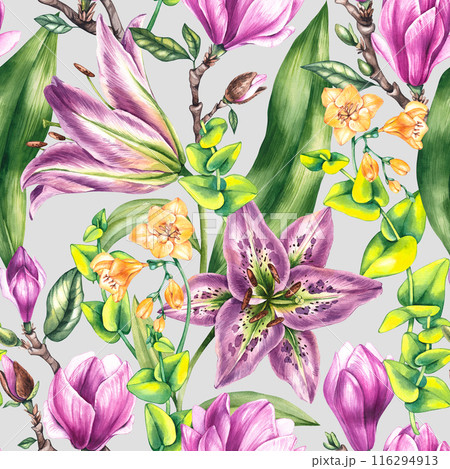 Watercolor seamless pattern with lilies, magnolias and freesias on a gray background 116294913