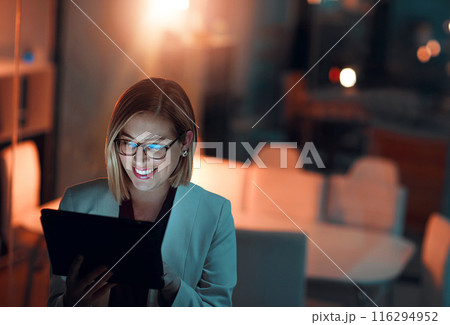 Corporate woman, tablet and smile at night in office for company agenda, research and planning. Executive, technology and reading email or report for business results, growth and revenue with data Corporate woman, tablet and smile at night in office for company agenda, research and planning. Executive, technology and reading email or report for business results, growth and revenue with data 116294952