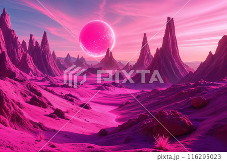 Pink landscape with towering rock formations and a large planet in the sky. Pink landscape with towering rock formations and a large planet in the sky. 116295023