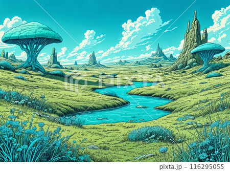 Fantasy landscape with a winding river. 116295055