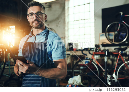 Bicycle, portrait and phone for man, small business or garage of mechanic, engineer or entrepreneur. Proud, owner or person with service maintenance for bike, repair or transport with mobile app Bicycle, portrait and phone for man, small business or garage of mechanic, engineer or entrepreneur. Proud, owner or person with service maintenance for bike, repair or transport with mobile app 116295081