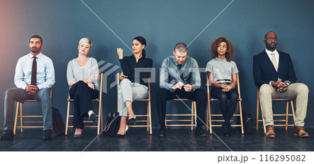 Business people, recruitment and waiting in row for interview with hiring process and employment opportunity. Diverse group, job seeker and nervous in line for HR meeting with mockup space and banner Business people, recruitment and waiting in row for interview with hiring process and employment opportunity. Diverse group, job seeker and nervous in line for HR meeting with mockup space and banner 116295082