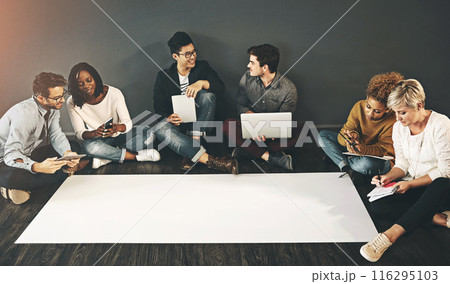 Banner, tech and business people on office floor with mockup for creative, planning or digital agency promotion on wall background. Poster, collaboration or web design team with app for brainstorming 116295103