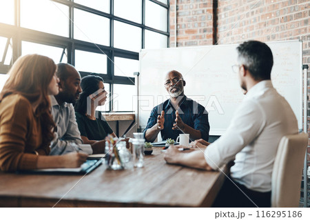 Mature, manager and business meeting in boardroom with discussion for financial growth at table. Company, vision and planning in workshop with mentor, staff and teamwork training in accounting firm. 116295186