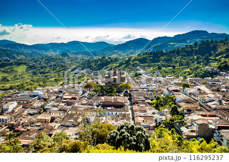 View of the beautiful Heritage Town of Jerico in the department of Antioquia. Natal town of the Saint Mother Laura Montoya. Cathedral Our Lady of Las Mercedes 116295237