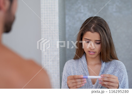 Couple, pregnancy test and nervous for results in home, maternity kit and wait for outcome in bathroom. People, together and support to check for ovulation, health and stress for fertility stick Couple, pregnancy test and nervous for results in home, maternity kit and wait for outcome in bathroom. People, together and support to check for ovulation, health and stress for fertility stick 116295280