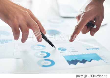 Documents, data analysis and hands of business people in office with planning, strategy and sales results. Charts, graphs and teamwork in conference room for growth, development or statistics at desk 116295466