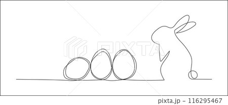 One continuous line drawing of Easter eggs and rabbit. Greeting banner design with bunny and ears in simple linear style 116295467