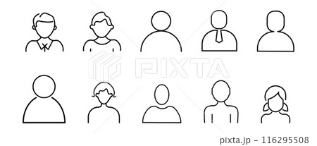 Set of outline icons related to avatars for user interface. Linear icon collection. Editable stroke. 116295508