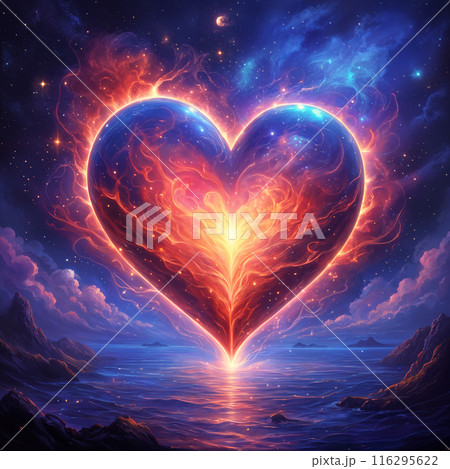 A large, glowing heart floating above a body of water. 116295622