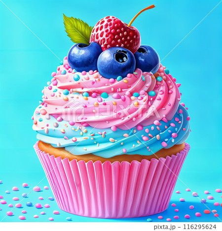 Colorful cupcake with strawberries and blueberries on top. 116295624