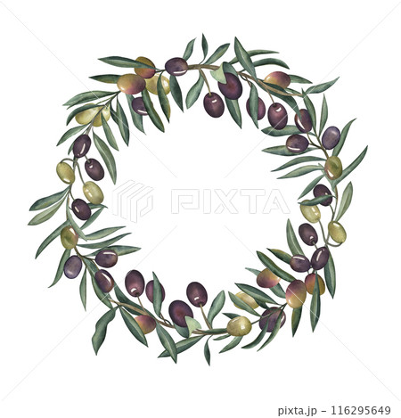 Olives, olive branch, green, purple, round frame, olive oil, food, Greece. The illustration is painted in watercolor on a white background. For packaging design, textile, fabrics, cards, invitations. Olives, olive branch, green, purple, round frame, olive oil, food, Greece. The illustration is painted in watercolor on a white background. For packaging design, textile, fabrics, cards, invitations. 116295649