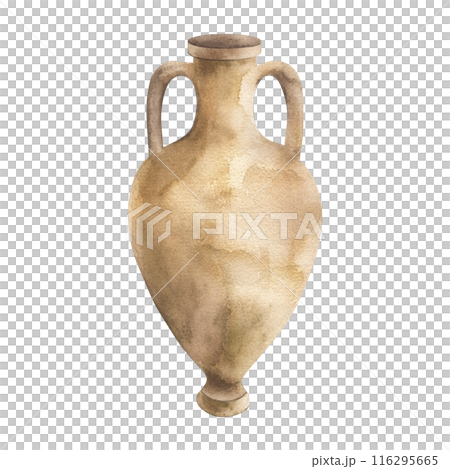 Greek amphora, antique, vessel, bottle, vase. The illustration is hand-drawn in watercolor, isolated on a white background. It is suitable for interior design, holiday decoration, invitations, poster. 116295665