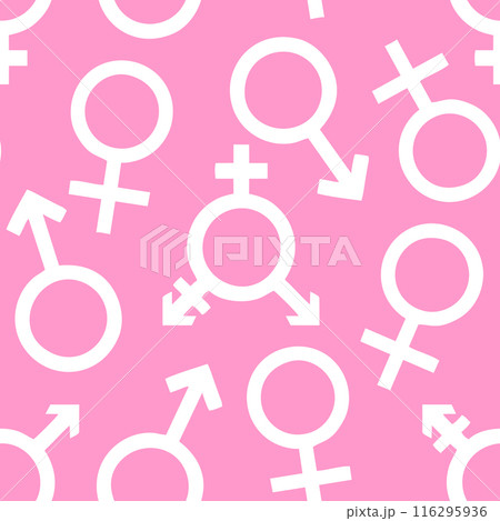 simple seamless pattern of white gender icons on pink background, texture 116295936