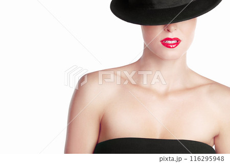 Woman, red lipstick and hat in studio for glamour, high fashion and style with mock up space. Model girl, makeup or cosmetics and confidence for aesthetics by white background with elegance and art 116295948