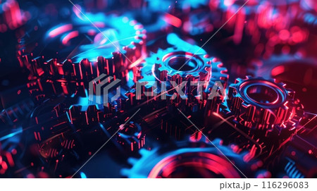 Vibrant red and blue neon-lit gears and cogs in a dynamic 3D futuristic matrix, creating a high-energy industrial vibe. 3D futuristic style pattern 116296083