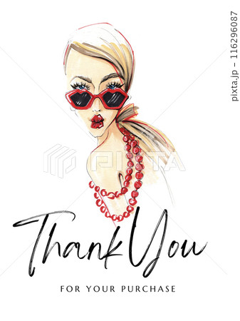 Thank you for your purchase card with watercolor woman. Fashion illustration Thank you for your purchase card with watercolor woman. Fashion illustration 116296087