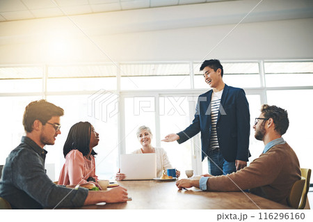 Office, morning and business people in discussion, meeting and conversation for collaboration. Creative agency, startup and men and women in boardroom for teamwork, project feedback and planning Office, morning and business people in discussion, meeting and conversation for collaboration. Creative agency, startup and men and women in boardroom for teamwork, project feedback and planning 116296160