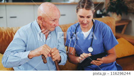 Senior man, nurse and tablet for history in home, healthcare and talking on recovery treatment. Caregiver, consulting and old person with disability, cane and planning for medical rehabilitation 116296244