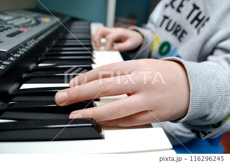 Close up of happy woman's hand playing the piano in the morning. 116296245