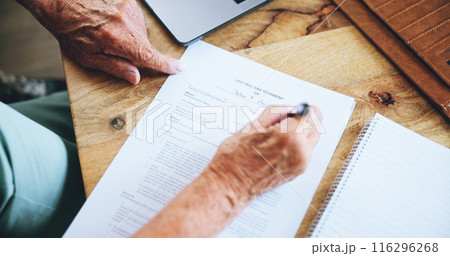 Hands, writing and document for will in home with information, reading and security for assets in death. Senior person, lawyer and signature for finance, money and payment for inheritance in house Hands, writing and document for will in home with information, reading and security for assets in death. Senior person, lawyer and signature for finance, money and payment for inheritance in house 116296268