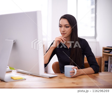 Thinking, computer and business woman in office brainstorming, planning or reading with coffee inspiration. Insight, questions and female designer online for idea research, email or web communication 116296269