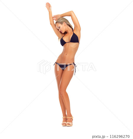 Studio, fashion and woman in bikini with confidence, style or relax in high heels on mockup space. Swimwear, model and model in sexy underwear or lingerie for holiday or vacation in white background 116296270