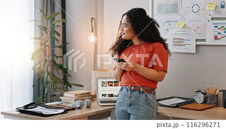 Girl, office and happy for thinking on smartphone for online news, secured investment and small business planning. Woman, cellphone and internet with thoughts for product launch, ideas and work. 116296271