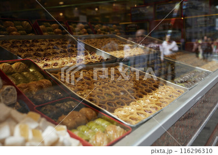 Baklava and Turkish delight in a shop on the street of Istanbul Baklava and Turkish delight in a shop on the street of Istanbul 116296310