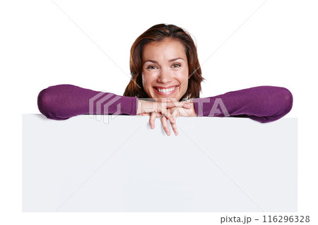 Smile, mockup and portrait of woman with poster in studio with for advertising, marketing or promotion. Billboard, happy and female person with blank space on paper for sign by white background. 116296328