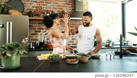Happy, couple and cooking in kitchen with high five for breakfast, nutrition and success in healthy diet. Vegan, man and woman with celebration at home for meal prep, motivation and support with food 116296347