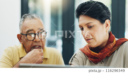 Home, online and senior couple on laptop for online shopping, internet banking and payment. Retirement plan, marriage and mature man and woman on computer for insurance, investment or finance savings 116296349