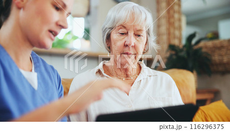 Senior woman, nurse and elderly care with tablet for monitoring health, consultation or results at nursing home. Female person or healthcare worker talking to mature patient with technology at house Senior woman, nurse and elderly care with tablet for monitoring health, consultation or results at nursing home. Female person or healthcare worker talking to mature patient with technology at house 116296375