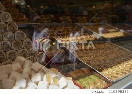 Baklava and Turkish delight in a shop on the street of Istanbul Baklava and Turkish delight in a shop on the street of Istanbul 116296385