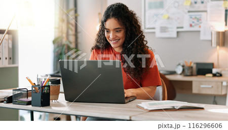 Research, smile and woman at desk with laptop, communication and update in office. Female journalist, typing and happy at computer for article, social media and contact in modern workplace in city Research, smile and woman at desk with laptop, communication and update in office. Female journalist, typing and happy at computer for article, social media and contact in modern workplace in city 116296606
