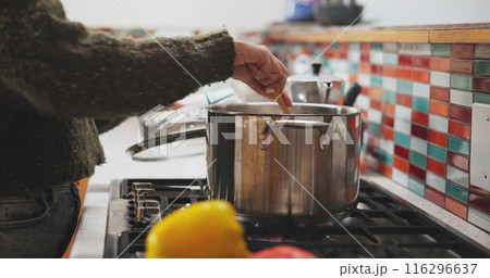 Hands, pot and cooking in kitchen on stove for healthy food, lunch or dinner with spoon and meal prep. Female person, oven and cookware in home for breakfast, eating and wellness with diet nutrition 116296637