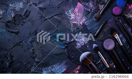 Makeup Brushes and Products on Black Background 116296668