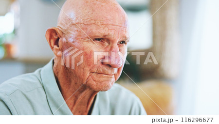 Senior man, sad and thinking on sofa with depression, lost and stress with memory in living room at house. Elderly person, grief and pain with dementia, perspective and mental health at nursing home 116296677