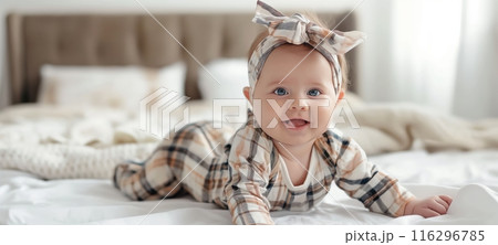 Baby Girl in Striped Onesie on Bed Baby Girl in Striped Onesie on Bed 116296785
