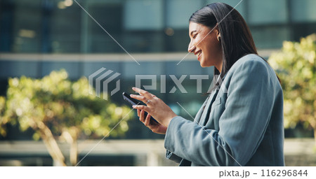 Business woman, smartphone and happy with news, update or social media in outdoor for communication. Career person, technology and smile for online, connection or notification on mobile in England 116296844