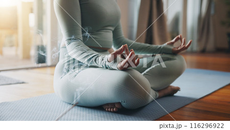 Home, mat and hands of woman with meditation for inner peace, spiritual awareness and mindfulness. Calm, female person and zen with holistic healing exercise for aura, connection and chakra balance Home, mat and hands of woman with meditation for inner peace, spiritual awareness and mindfulness. Calm, female person and zen with holistic healing exercise for aura, connection and chakra balance 116296922