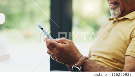 Hands, phone and mature person on internet for reading news, email or crossword puzzle in home. Smartphone, retirement or mobile app closeup for information, scroll or typing for communication online 116296928