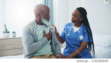 Healthcare, nurse and mature man with consultation in hospital for medical service, support or advice. Clinic, professional and black people with discussion on bed for heart disease, stroke and help 116296929