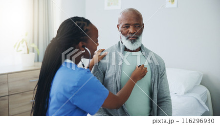 Senior, man and nurse with listening on stethoscope for heartbeat assessment or cardiovascular health on bed. Elderly patient, doctor and cardiology in hospital for lung disease or chest infection Senior, man and nurse with listening on stethoscope for heartbeat assessment or cardiovascular health on bed. Elderly patient, doctor and cardiology in hospital for lung disease or chest infection 116296930