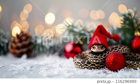 Green snake in red hat year on silver background with Christmas tree and lights. New year design 116296980
