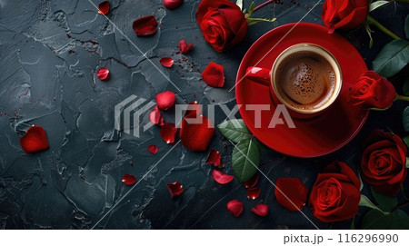 black coffee in red cup on black background. High quality photo 116296990