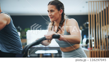 Fitness, bike machine and girl in gym for training, workout and cardiovascular endurance. Health club, cyclist and female athlete on bicycle equipment for exercise, calorie burning or muscle strength Fitness, bike machine and girl in gym for training, workout and cardiovascular endurance. Health club, cyclist and female athlete on bicycle equipment for exercise, calorie burning or muscle strength 116297045